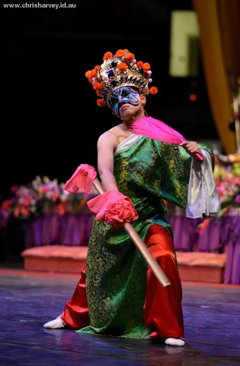 The opera costume is a complete visual world — mask, headdress, embroidered robe. The performer disappeared into it entirely.